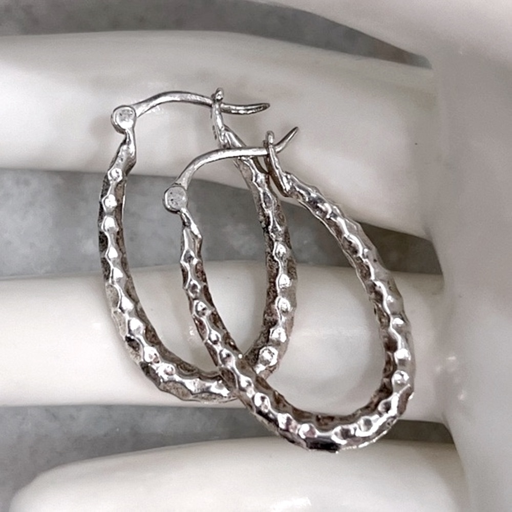 Sterling Silver Elongated Hammered Hoop Earrings